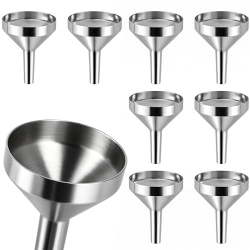8Pcs Small Stainless Steel Funnels for Filling Bottles and Containers | 8 mini stainless steel funnels for filling bottles, perfume, oils and small containers with less mess and easy storage