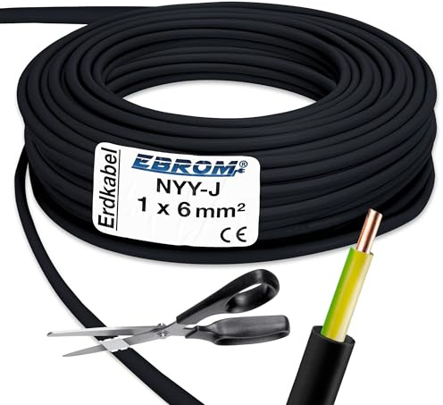EBROM Erdkabel Blitzschutz NYY-J 1x6 mm² Erdungskabel, schwarz, 10 Meter | 5 m bis 100 m - 1x6 mm2 - !ACHTUNG: häufig verwechselt mit 1x16! Außenmantel schwarz, Innenmantel grün gelb, PVC Erdleitung