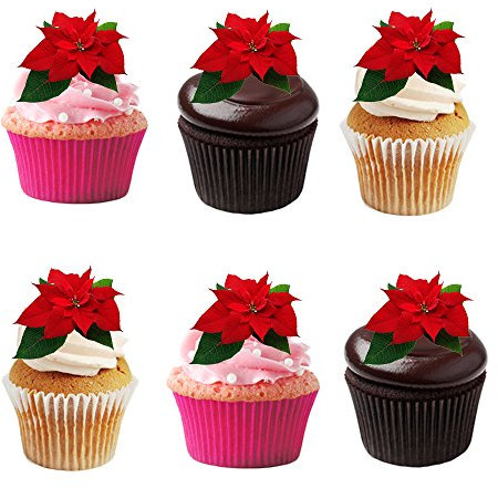 Lot de 24 décorations de gâteaux en papier comestible Motif poinsettia Rouge