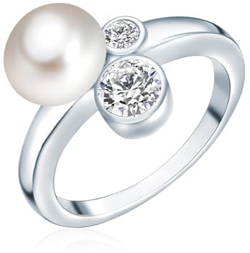 Valero Pearls Damen Ring 925/- Sterling Silber | rhodiniert, Cocktailring, Zirkonia, weiß, Süßwasser-Zuchtperle, ca. 8,0 - 9,0 mm, weiß, button