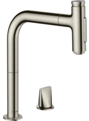 hansgrohe Küchenarmatur Select 2-Loch mit Schlauchbox (Wasserhahn Küche 110° oder 150°schwenkbar, hoher Komfort Auslauf 200mm mit ausziehbarer Brause, 2 Strahlarten und sBox) Edelstahl Finish