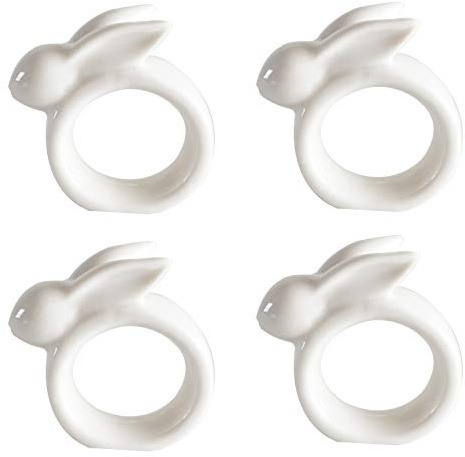 Easter Rabbit Porcelain Napkin Rings, Set of 4 Vintage White Bunny Ceramic Napkin Rings for Easter Dinner Weddings Parties, Handmade