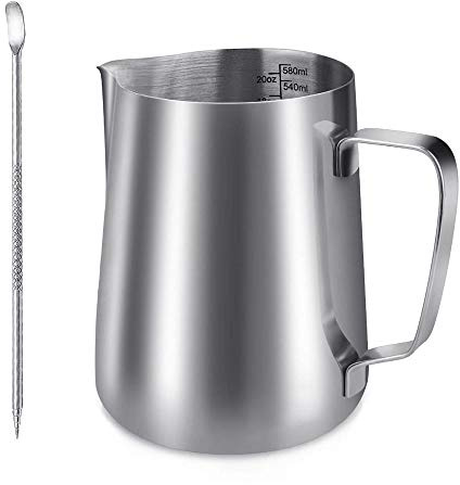 Milchkännchen, Edelstahl Aufschäumkännchen, YOCZOX Milch Aufschäumen Krug mit Stäbchen, Milch Kanne mit Skala, Milchschaumkännchen, Ideal für Espresso, Cappuccino und Latte, 600ml, silber
