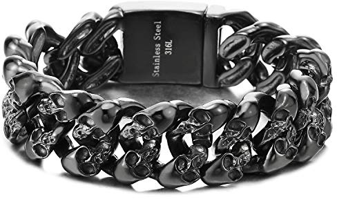 COOLSTEELANDBEYOND Men's Black Stainless Steel Skull Cuban Link Bracelet, Rugged Gothic Biker Chain, Heavy-Duty Jewelry, Secure Box Clasp