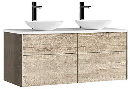 StoneArt Badmöbel Set Mineralguss Waschbecken Waschschale Aufsatzwaschbecken und Unterschrank Waschtisch Einzel- oder Doppelwaschbecken Venice VE-1200pro-4 Eiche hell 120cm