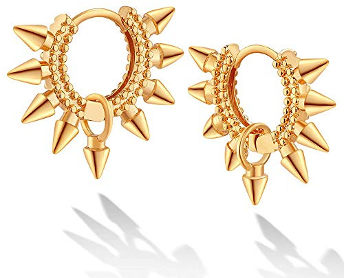 GUEMER Gold Spike Huggie Hoop Earrings, 14k Gold Plated Dainty Turquoise CZ Cone Thorn Spike Ear Cuff for Gift