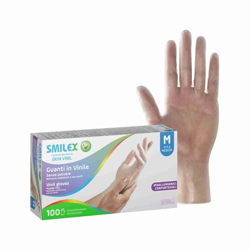 Bericah Smilex,Skin Vinil, Guanti in Vinile, Senza Polvere, Taglia M,100 Pezzi