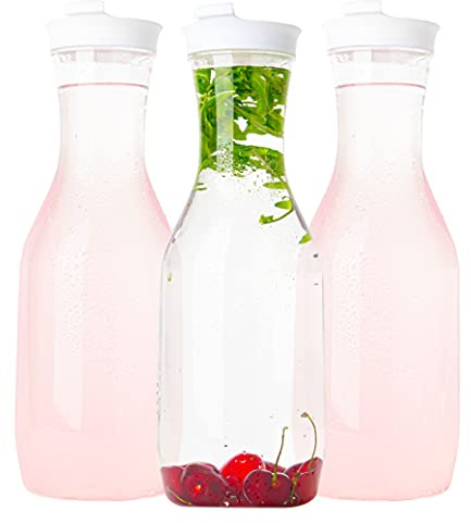 Clear Plastic Water Pitchers Carafes with Flip top Lids Heavy Duty Beverage Pitcher Jug for Juice or iced Coffee Great for Mimosa bar Restuarants ot Schools (3, 50 OZ)