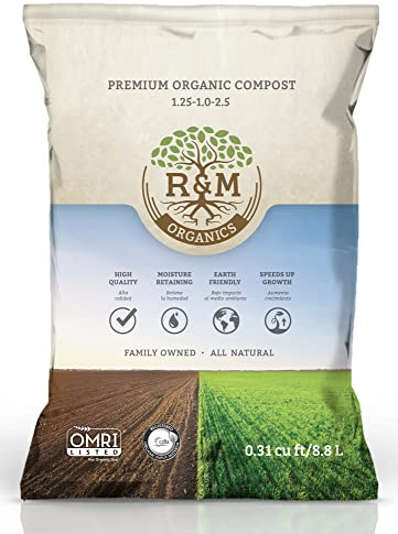 R&M Organics Premium Organic Compost; for Vegetables, Flowers, Plants, and Lawns - All Purpose Fertilizer - Moisture Retention - Low Odor - 10-Pound Bag