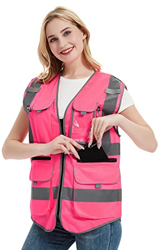 Visindark Pink Safety Vest For Women Hi Vis Vest With Zipper And Pockets Safety Vest For Lady Girl (X-Small, Pink)