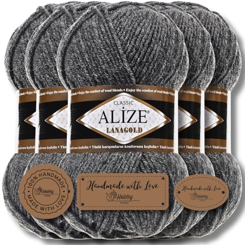 Hobby YARN 3x Etikettenlabel mit Alize Lanagold Wolle Premium 5x100g als Set, Yarn, Garn, Strickgarn, Einfarbig, Baby, zum Häkeln, Stricken, Kleidung, Schals (Medium Grey Melange - 182)