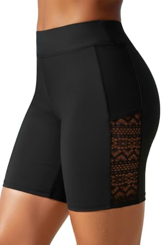 Black 7 Swim Shorts Women - High Waisted Swimsuit Shorts Tummy Control Bathing Suit Lace Bottom with Liner L