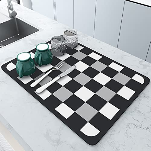 NeuWee Abtropfmatte Geschirr, Schnelltrocknend Abtropfmatte für Küchentheke, rutschfest Spülbeckenmatte, Trockenmatte für Kaffeemaschine, Küche, Spüle, (Schwarz-Weiß Kariert, 40×50 cm)