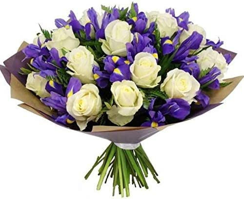 Fresh White Roses & Blue Iris Bouquet – Luxury Hand-Tied Flowers is available for UK Delivery for Birthday, Anniversary, Christmas or Mothers Day