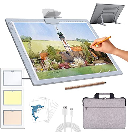 Tavolo luminoso ricaricabile A3 con borsa, senza fili, funzionamento a batteria, 3 colori dimmerabili e 6 piastre luminose dimmerabili per disegno, Diamond Painting, pittura(grigio)