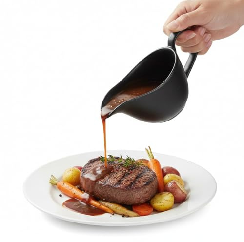 iplusmile Porzellan-Sauciere mit Ausgießer, Ergonomischem Griff und tropffreie Design, perfekt für Saucen, Soßen und Dressings, ideal für Feiertagsfeiern und den täglichen Gebrauch, 300 ml, Schwarz