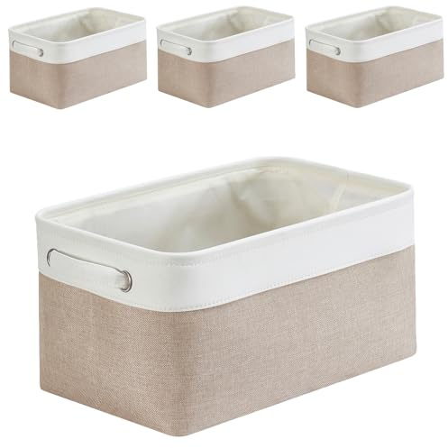 Mangata aufbewahrungsbox Stoff 4Pcs, aufbewahrungsbox, Korb aufbewahrung Stoff mit Griffen für Schrank, Spielzeug, kleiderschrank, Regale, Kleidung (Helles Khaki weiß, klein) | 26 x 20 x 18,5 cm; Faltbare Leinwand mit Kordelzugabdeckung für Kleidung, Handtücher, Spielzeug und Regale.