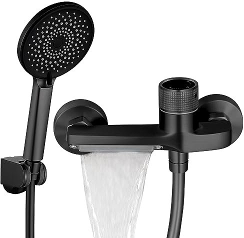 MENAYODA Badewannenarmatur Wasserfall mit Handbrause, Wannenarmatur Thermostat Messing Heiß- und Kalt-Doppelsteuerung, Chrom Wasserfall-Duscharmatur Mischbatterie Dusche zur Wandmontage (Schwarz)