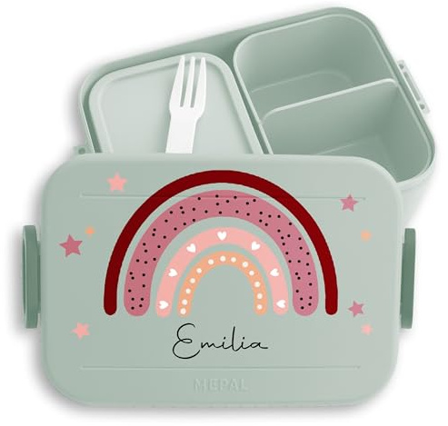 Kinder Bento Box Midi für Mepal Bentobox - Brotbox Regenbogen Lunchbox Rainbow mit Namen I - 900 ml - Sage Grün - brotdose kindergarten vesperbox mädchen schule personalisierte geschenke kind