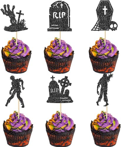 24 Stück Halloween Tortendeko Grabstein Zombie Grauenhaft Cupcake Toppers Grabstein Skelett Zombie Kuchen Deko für Happy Halloween Thema Geburtstag Party Kuchen Dekorationen Schwarz
