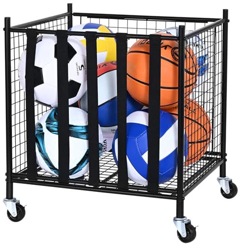 VEVOR Rolling Sports Ball Storage Cart, Lockable Basketball Cage with Elastic Straps, Sport Equipment Holder Organizer for Indoor Outdoor, Steel Storage Rack for Garages, Playgroup, Gym and Schools
