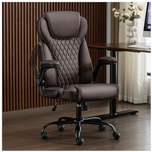 amseatec Office Chair, Executive PU Leather Chair, Ergonomic Computer Desk Chair with Lumbar Support and Adjustable Flip-Up Arms, Rocking Task Chair (Brow