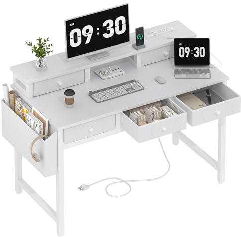 Lufeiya White Computer Desk with Fabric Drawers for Home Office, 40 inch Vanity Makeup Desk with Drawers Storage for Bedroom, Writing Study Table with Power Outlet & Monitor Stand, White