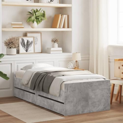 vidaXL Small Single Bed Frame with Drawers - Concrete Grey 75x190 cm - Modern Engineered Wood Bedroom Furniture with Plywood Slats
