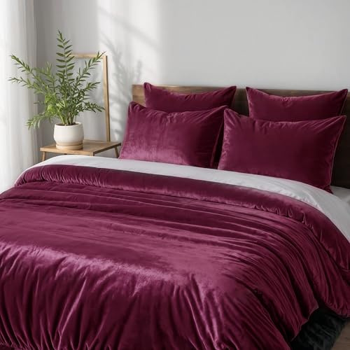 Cozyor Kuschel-Bettwäsche extra dick und weich Plüsch, robuster Reißverschluss 1x Deckenbezug 200x200 cm, 2X Kissenbezug 40x80 cm, 3-teilig, Bordeaux Berry