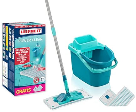 Leifheit Set Power CLEAN, rückenschonender Bodenwischer mit Reinigungsklingen und Wischtuchpresse, Wischmopp Set mit Eimer und 2X Mikrofaser Wischbezüge für alle Hartböden, Click-System