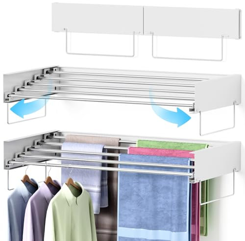 Wall Mounted Drying Rack, Laundry Clothes Drying Rack Foldable, Collapsible Hanger Clothing Wall Mount with 2 Towel Handles and Wall Template for Indoor Outdoor Hanging Clothes, 5 Rods, 31.5 Inch