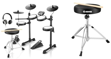 Donner DED-80 Electric Drum Kit, Electronic Drum Sets for Beginner with 4 Quiet Mesh Drum Pads & Drum Throne Set, Padded Seat Height Adjustable Drum Stools, 5A Drumsticks Included