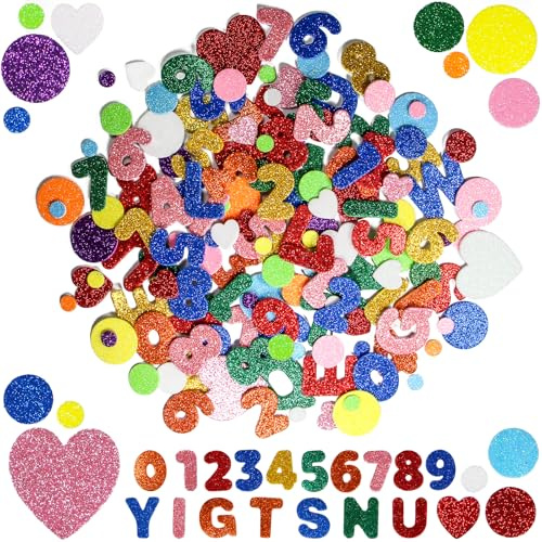 390 Stück Glitter Schaumstoff Aufkleber, Selbstklebendes Glitzer Schaumstoffs Stickers, Buchstaben Moosgummi/Zahlen Aufkleber, Bunte Herz/Rund Schaumstoff Sticker für Kinder Basteln, Heimdekoration