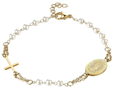 Flongo Katholisches Rosenkranz Armband für Damen : Frei Karte „First Communion“ Religiöses Arm mit Kreuz Anhänger Schwarz Gold Perlen Jungfrau Maria Edelstahl Gebet Glaube Schutz Virgin Mary