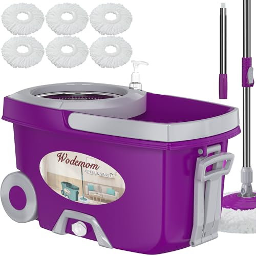 Balai à franges et seau à double compartiment, serpillère et seau avec essoreuse, rotation à 360° pour nettoyage du sol avec 6 têtes de rechange en microfibre, poignée étendue de 154,9 cm, 2 roues –