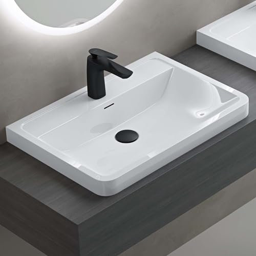 doporro Lavabo à Encastrer Blanc Vasque en Solid Surface Lave Mains Rectangulaire de Qualité pour Salle de Bain 60x42x14,5cm Colossum08