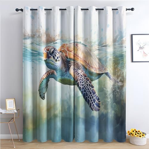 Generisch Vorhänge Meerestier Meeresschildkröte, Vorhang Blickdicht mit Ösen, Verdunklungsvorhänge Thermovorhang Fenster Gardinen Schlafzimmer Wohnzimmer, Blackout Curtain, 2er Set H 200 x B 140 cm