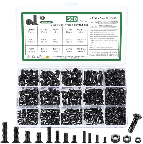 580 Pcs M3 M4 M5 Screws Set, Countersunk Bolts and Nuts, Flat Head Machine Screw Nut and Bolt with Washers, Cross Head screws bolts and nuts Assortment Kit(M3 M4 M5, Black)