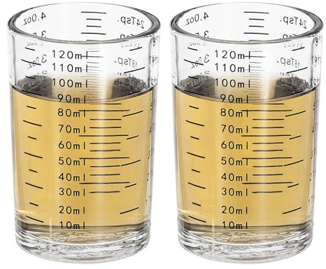 PATIKIL Vaso medidor de chupito, 2 unidades de 4 onzas/120 ml, redondos, transparentes, vasos medidores, vasos de chupito de espresso con 4 tipos de escala para herramientas de cocina de café líquido,
