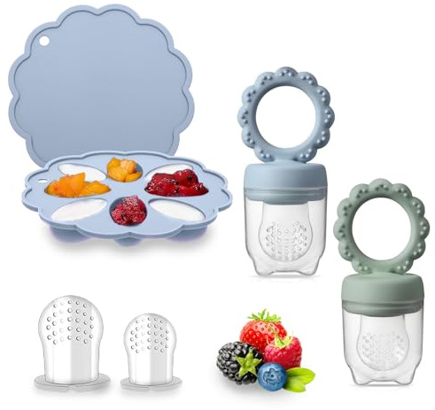 Mangiatoia per frutta per bambini (dai 4 mesi in su), include ciuccio per dentizione e stampo per congelatore per latte materno, senza BPA, per lo svezzamento dei bambini, lenitivo e