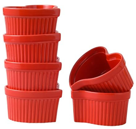 6PCS 8OZ Heart Shape Ramekins Ceramic Baking Tray Bowls, Porcelain Egg Cream Pastry Dishes Dessert Bowls Pudding Bowls, Kitchen Supplies Valentine's Day Gifts (Red)
