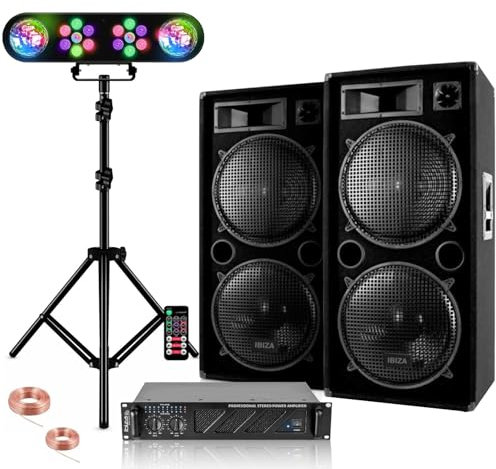 Ibiza Sound Pack Sono 4600 W Total - 2 altavoces pasivos 2 x 1500 W PMPO - Amplificador AMP1000-MKII 2 x 800 W - Juegos de luces de pie ajustable