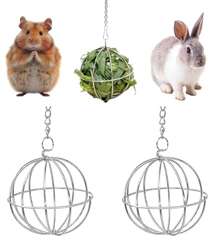 Bolas Heno Alimentador, Comedero Hamster, 2 Piezas 8cm Comedero Conejo para Jaula, Heno Conejo Pelota Dispensador, Dispensador de Alimentos Hámster, Tenedor de Metal para Cobayas