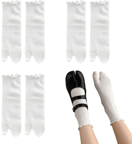 SamHeng Calzini infradito Tabi da donna, 3 paia, in cotone, giapponesi, con dita divise, elastici al polpaccio, con volant e volant, per cosplay di Shinobu. Calzini extra(bianchi)