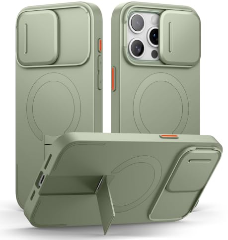 SURITCH Magnetic Case Compatible with iPhone 15 pro max, Shockproof Protective Cover with Slide Camera Cover and Adjustable Kickstand(Green)