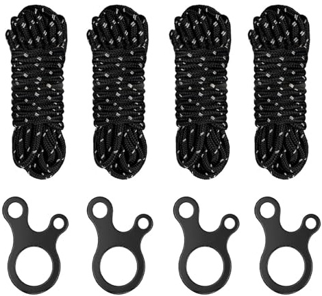 Lot de 4 tendeurs pour tente - 6 m x 5,5 mm - Accessoires de tente résistants aux tempêtes - Avec 4 boucles de maintien - Fonction veilleuse - Cordes pour tentes, auvents (noir)