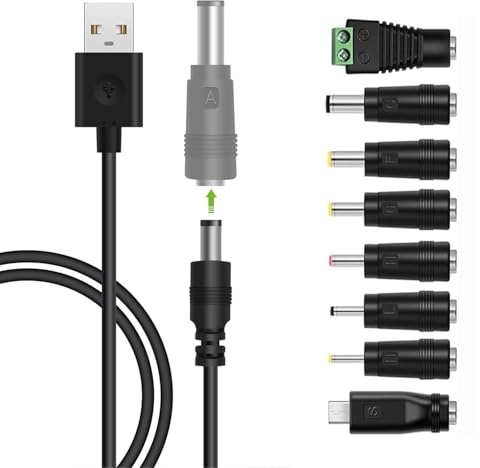 Leloco USB auf DC Stromkabel 8-in-1,USB auf Universal Ladekab Netzkabel Stromkabel Adapterkabel mit 8 Stecker für Router, Rasierapparat, TV Box, Philips Hue Hub (1m, schwarz)