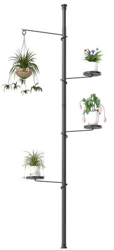BAOYOUNI Justerbart växtstativ inomhus, 4-nivås metall teleskopisk stång blomkruka visningsställ, hörnförvaringshylla med 3 brickor, 1 hängare, för vardagsrum, balkong, kontor, heminredning, svart