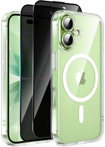 Helssitot Funda Magnétique para iPhone 17 (6.3 Pulgadas) con 2 Protector Pantalla de Privacidad Protección Total de La Cámara [Protección Militar] Anti-Amarillo Carcasa Thin Anti-Shock,Transparent