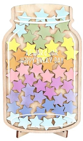 Magnetisches Belohnungsglas für Kinder aus Holz, Klassen Belohnungsglas mit 45 Sternen und Holzständer, positives Belohnungssystem für Schule, Hausaufgaben, Lesen, Haushalt und Zähneputzen